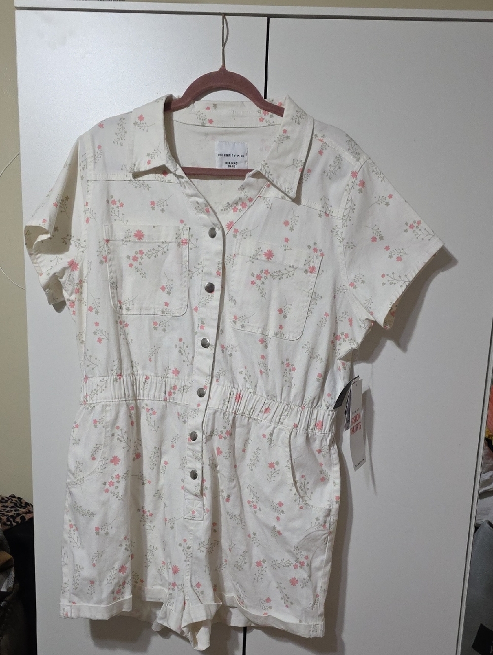 Celebrity Pink Cream Stretch Denim Short Sleeve Romper